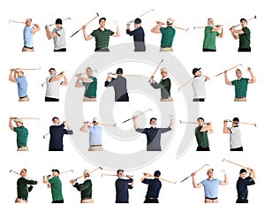 Collage of men playing golf on white