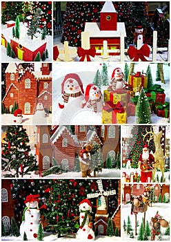 Collage Merry Christmas  greeting card. Christmas background with Christmas tree and snowman