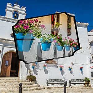 Collage of Mijas with flower pots in facades. Andalusian white village. Costa del Sol