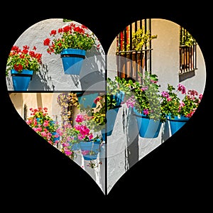 Collage of Mijas with flower pots in facades. Andalusian white village. Costa del Sol