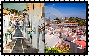 Collage of Mijas with flower pots in facades. Andalusian white village. Costa del Sol