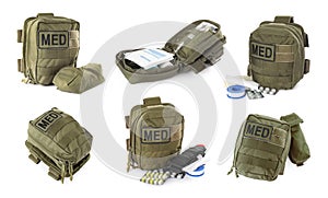 Collage with military first aid kit on white background