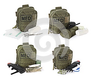 Collage with military first aid kit on white background