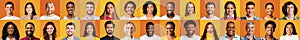 Collage Of Mixed People Faces Over Yellow And Orange Backgrounds