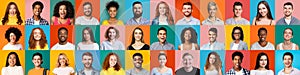 Collage of mixed race happy people on bright backgrounds