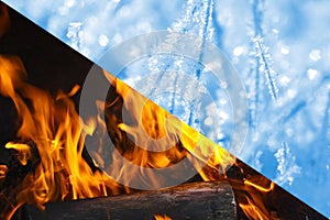 Collage mixing of flames and glowing embers and field in winter.