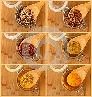 Collage of mixture spice in a wooden spoon