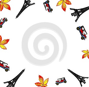 Collage of model eiffel tower, retro car and yellow leaves on white background