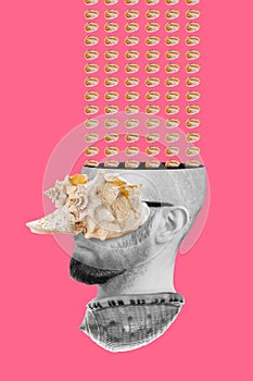 Collage of modern art. A man`s head peeking out of a seashell, with a seashell on his eyes and a seashell mosaic coming out of an