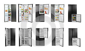 Collage of modern refrigerators on background
