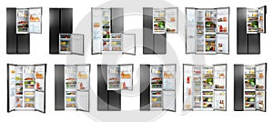 Collage of modern refrigerators on background