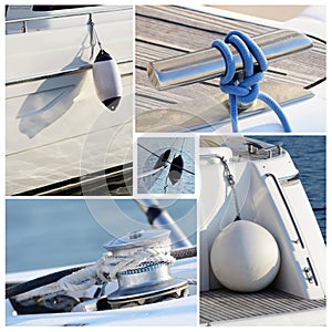 Collage of modern sailing boat stuff - winches, boat fenders photo