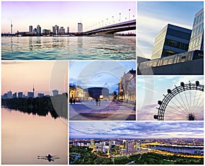 Collage of the modern way of Vienna at dusk.