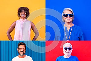 Collage and montage of group of four people smiling and having fun wiht colored backgrounds - adults and seniors of all ages and