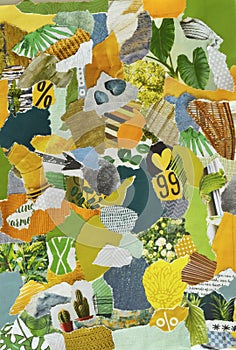 : Collage mood board in organic green yellow colors with plants and flowers in retro style made of teared recycling old paper resu