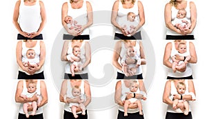 Collage of mother with her baby. Baby development stages from birth to one year. Collage of stages of baby growth