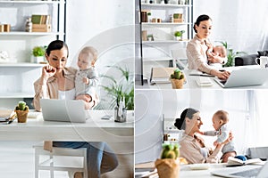 Collage of mother working from home