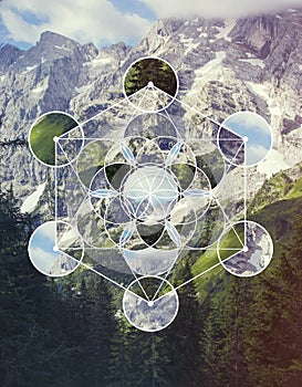 Collage with the mountain landscape and the symbol Metatronâ€™s Cube