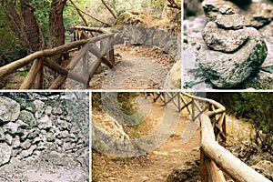 Collage mountain trail leisure day off walk. Mountain path gorge stone wall wooden fencing safety rest pile of mini zen stones