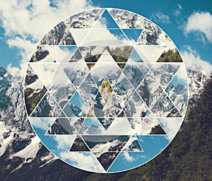 Collage with the mountains landscape and the sacred geometry symbol shri yantra