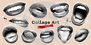 Collage mouth set with grunge elements. Halftone lips for banner, graphic, poster, illustration. Vector set of scream