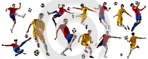 Collage of movements. Two young men, male soccer football players in motion, training isolated over black background