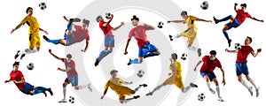 Collage of movements. Two young men, male soccer football players in motion, training isolated over white background
