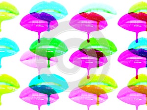 Collage of multicolored lip glosses dripping from woman`s lips over white background