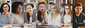 Collage Of Multicultural Students Portraits In Libraries, Panorama