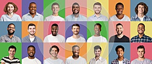 Collage of multiethnic people expressing emotions, mosaic set, panorama