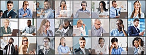 Collage of multiracial business people expressing different emotions, using gadgets, doing their job