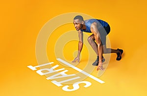 Collage of muscular black sportsman preparing for run near start line