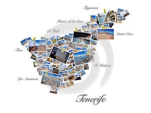 A collage of my best travel photos of Tenerife, forming the shape of Tenerife island.