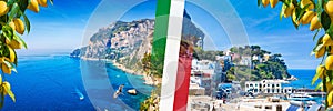 Collage with National flag of Italy, Marina Piccola and Grande, Capri Island, Italy. Sunny summer weather, clear blue sea and sky
