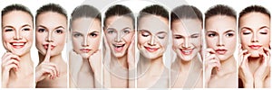 Collage of negative and positive female face expressions. Set of young woman expressing different emotions and gesturing isolated
