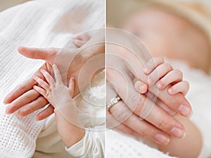 Collage of a newborn baby in his mother's arms.