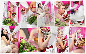 collage with nine beautiful young bride (two photo