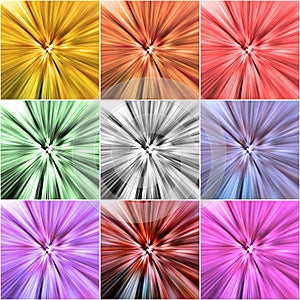 Collage of nine colorful backgrounds with radial blur