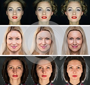 Collage with nine facial portraits of young women, photo