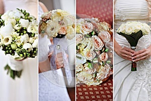 Collage of nine wedding photos with bouquets