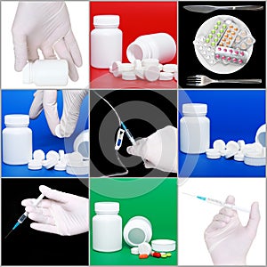 Collage od medicine on colour background.