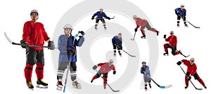 Collage ofman and girl, professional hockey players posing isolated over white background