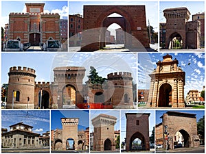 Collage of the old city gates of Bologna. Photo collage of the medieval portals of Bologna. Italy