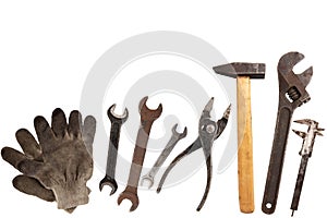 Collage of old craftsman tools isolated on white
