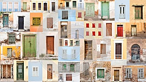 Collage of old retro doors and windows.
