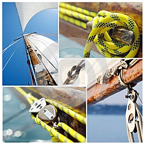 Collage of old sailing boat equipment - vintage style