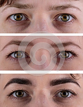 Collage with open female green eyes with different makeup of eyebrows and eyelashes