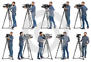 Collage of operator with video camera on white background. Banner design