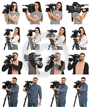 Collage of operators with professional video cameras on background