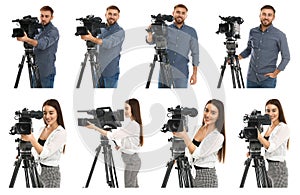 Collage of operators with video cameras on white background. Banner design